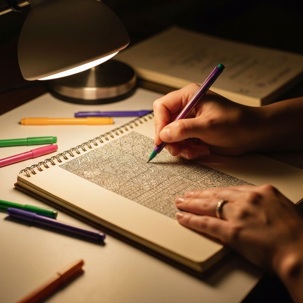 Doodling and art journaling - hands drawing abstract patterns and zentangle designs in journal