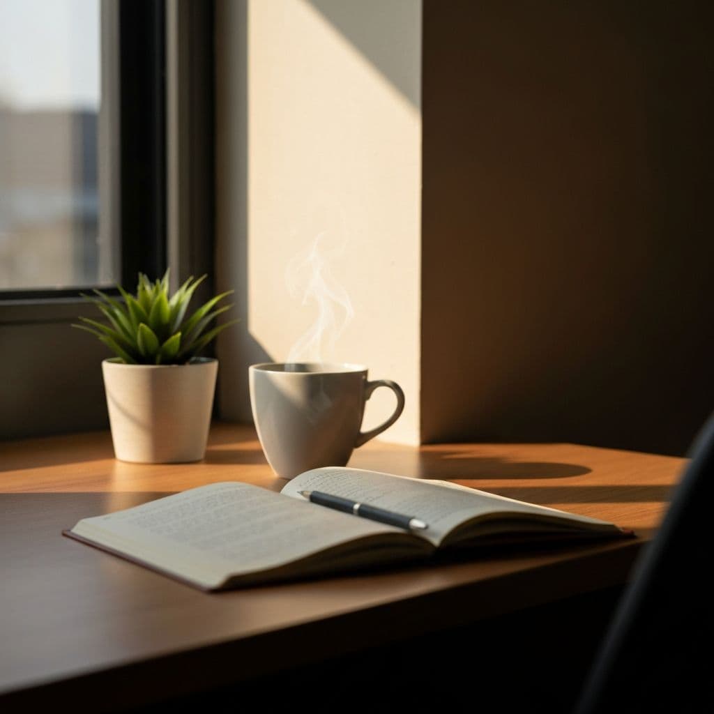 Art journaling inspiration from everyday moments - morning light on a cozy desk with coffee cup and notebook