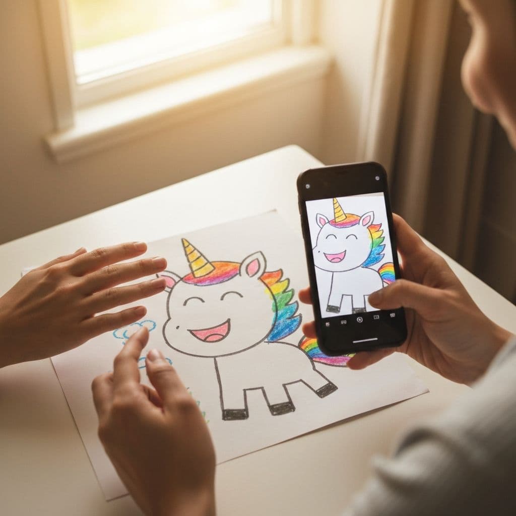 Preserving kids artwork in art journal - parent photographing colorful child drawing with smartphone