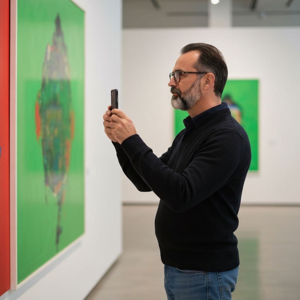 Finding art journaling inspiration at a museum - visitor photographing paintings in gallery