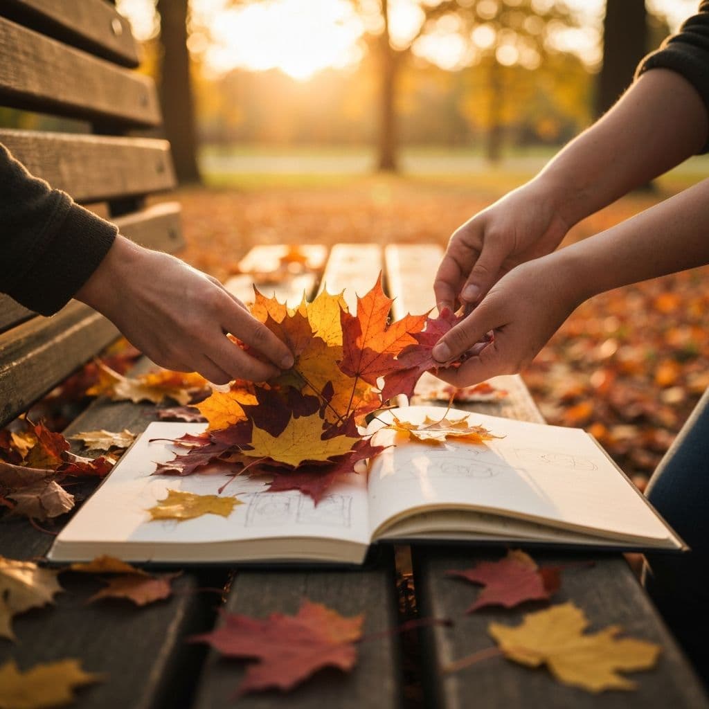 Nature journaling ideas - hands holding autumn leaves over an open sketchbook outdoors
