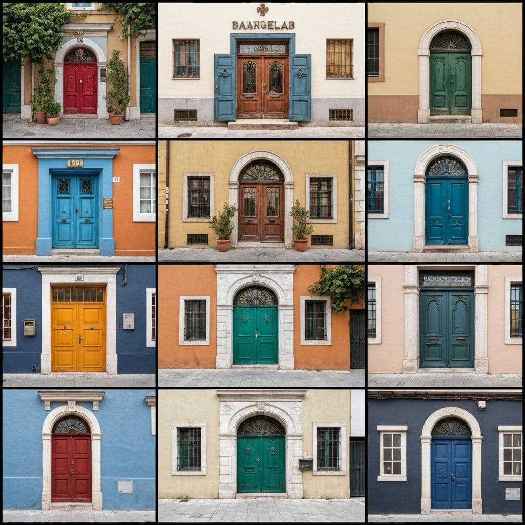 Themed art journaling collection - grid collage of colorful doorways and architectural photography