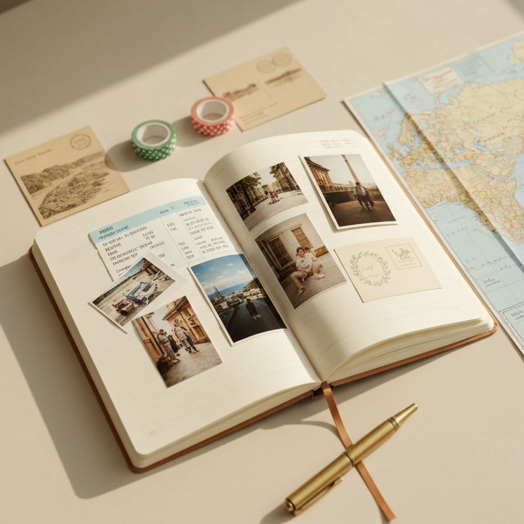 Travel art journaling ideas - flat lay of journal with photos, tickets, postcards and travel memorabilia