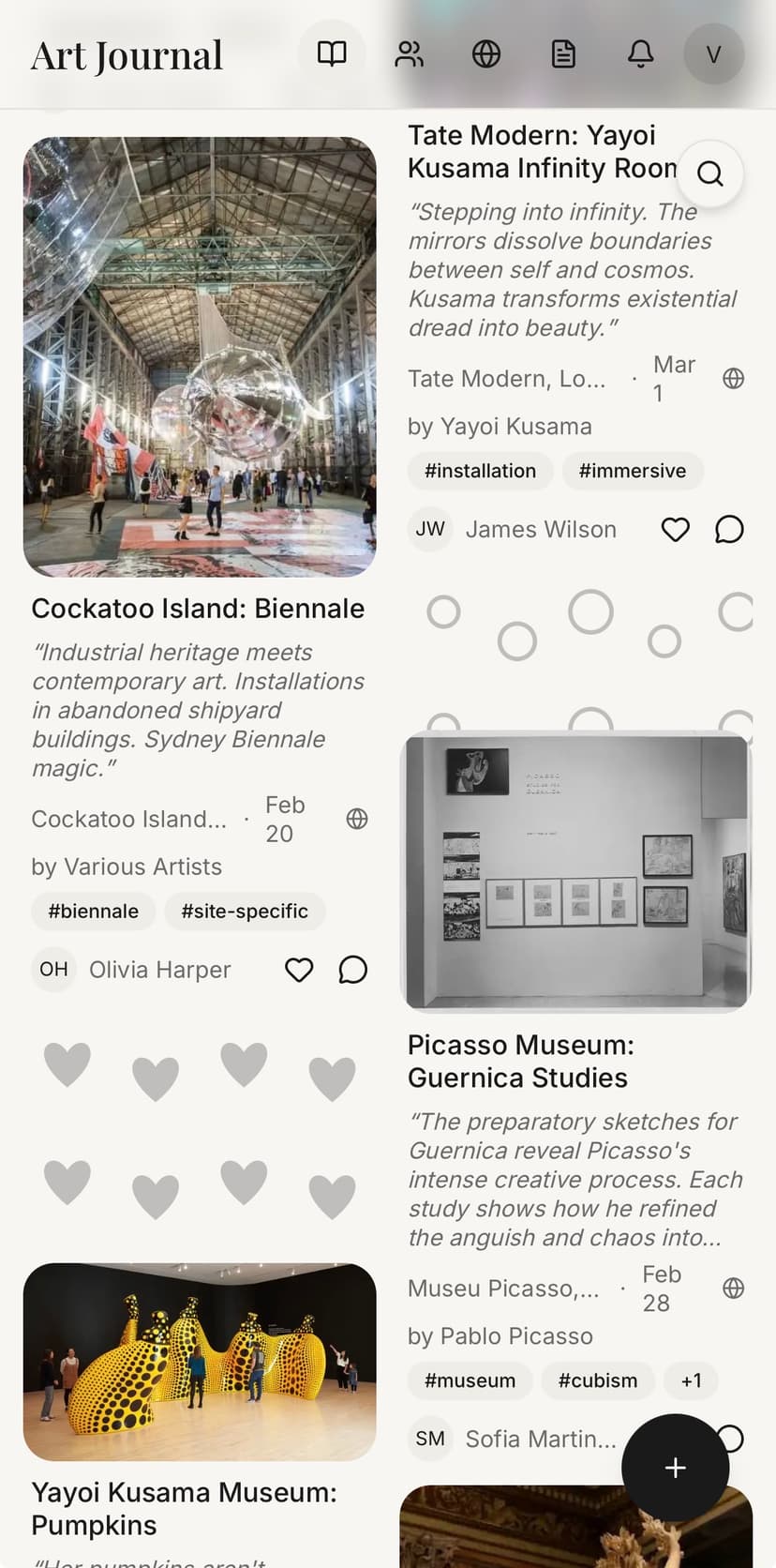 Feed view showing hearts and circles doodle patterns between art moments