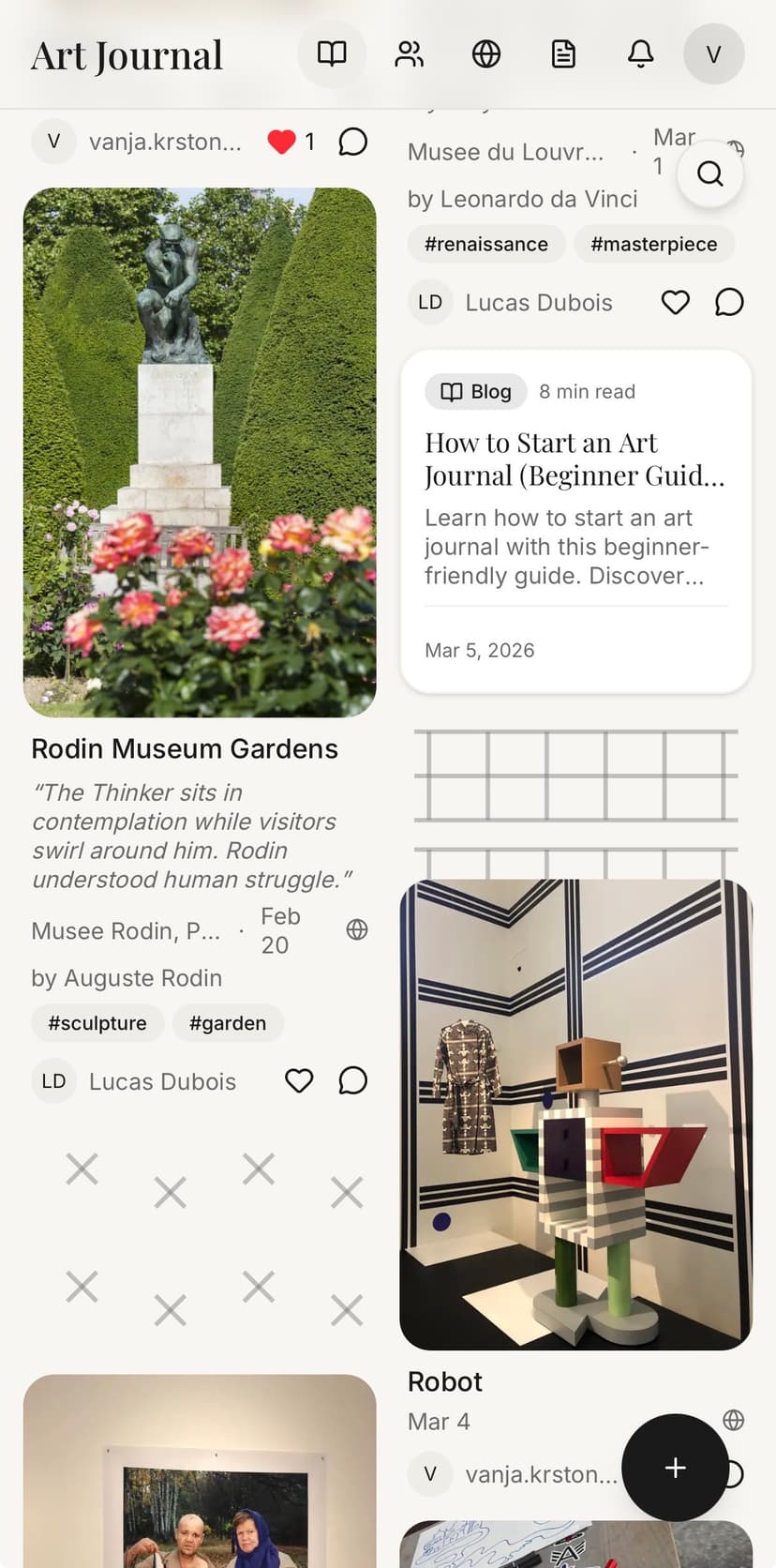 Art journal feed showing doodle patterns interspersed between moments