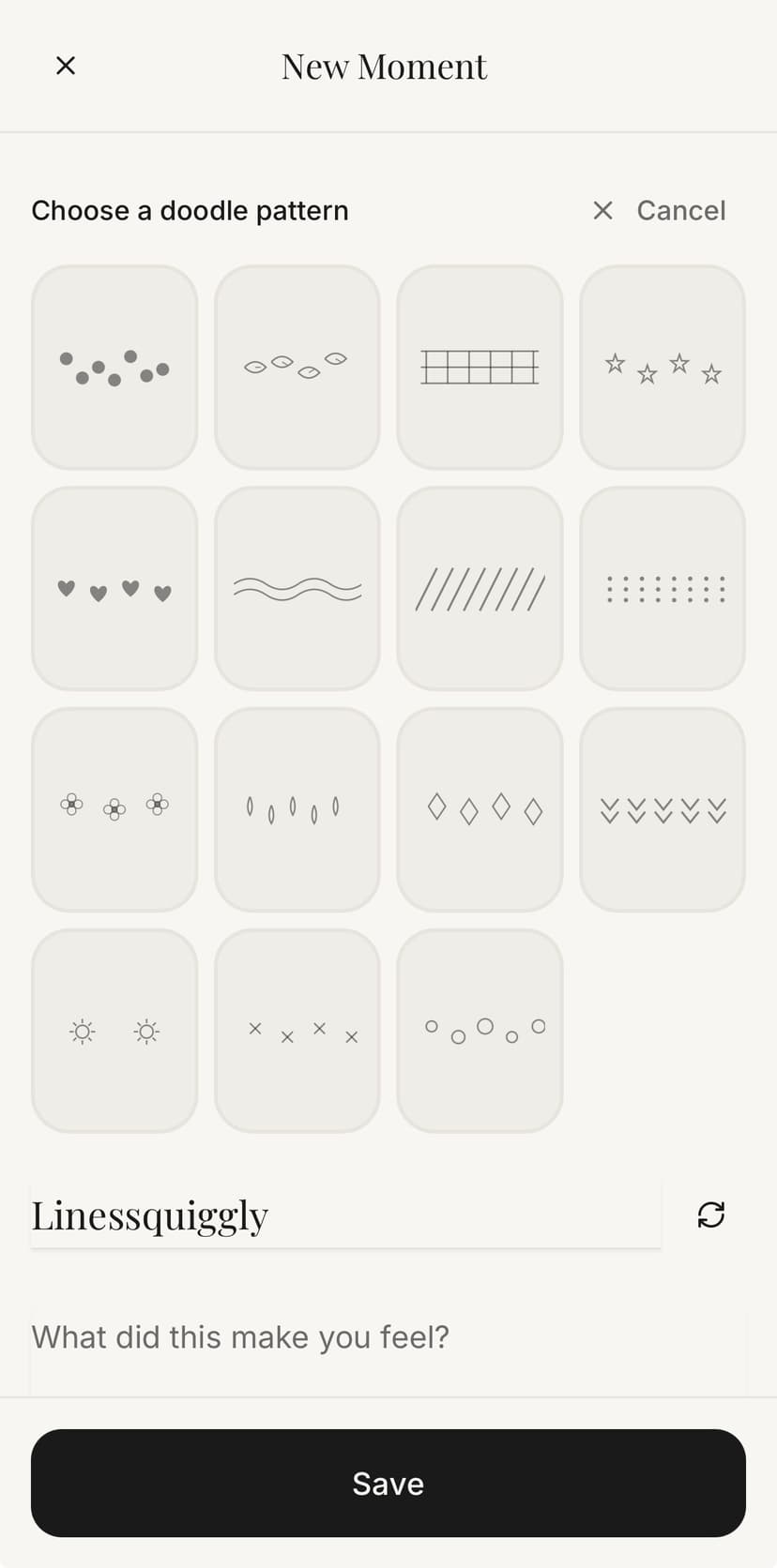 Doodle pattern picker showing grid of available patterns and auto-generated name