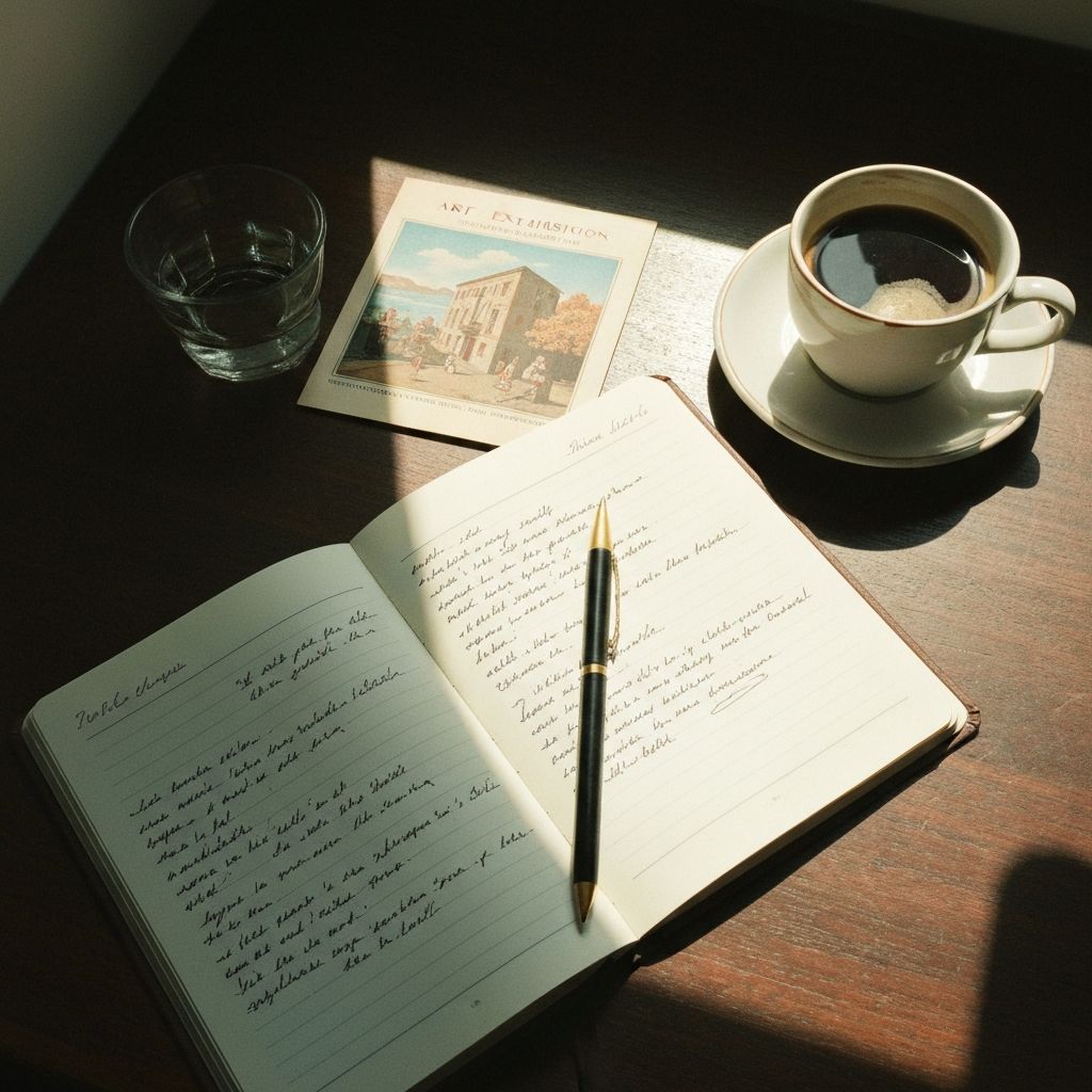 Journal notebook open with handwritten reflections next to coffee - capturing art moments through writing