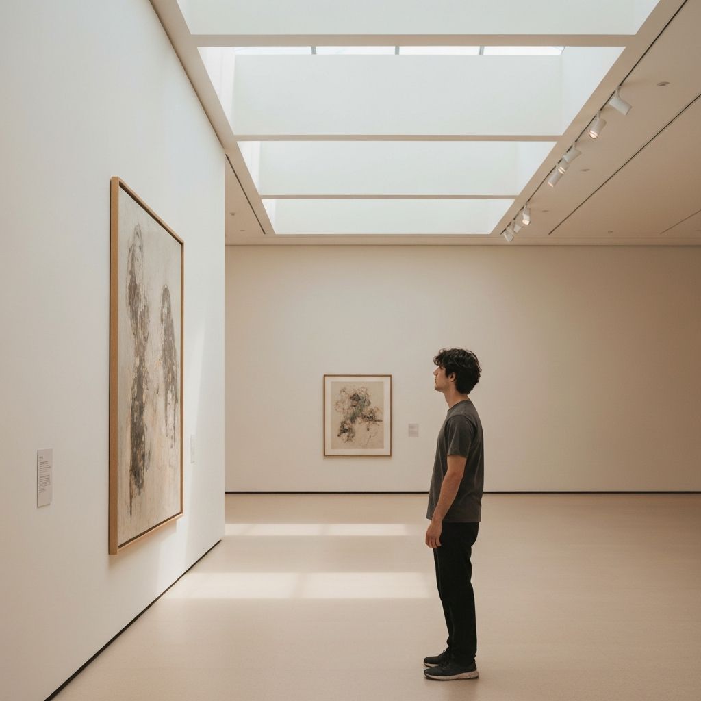 Person standing alone in a museum gallery contemplating artwork - mindful art viewing practice