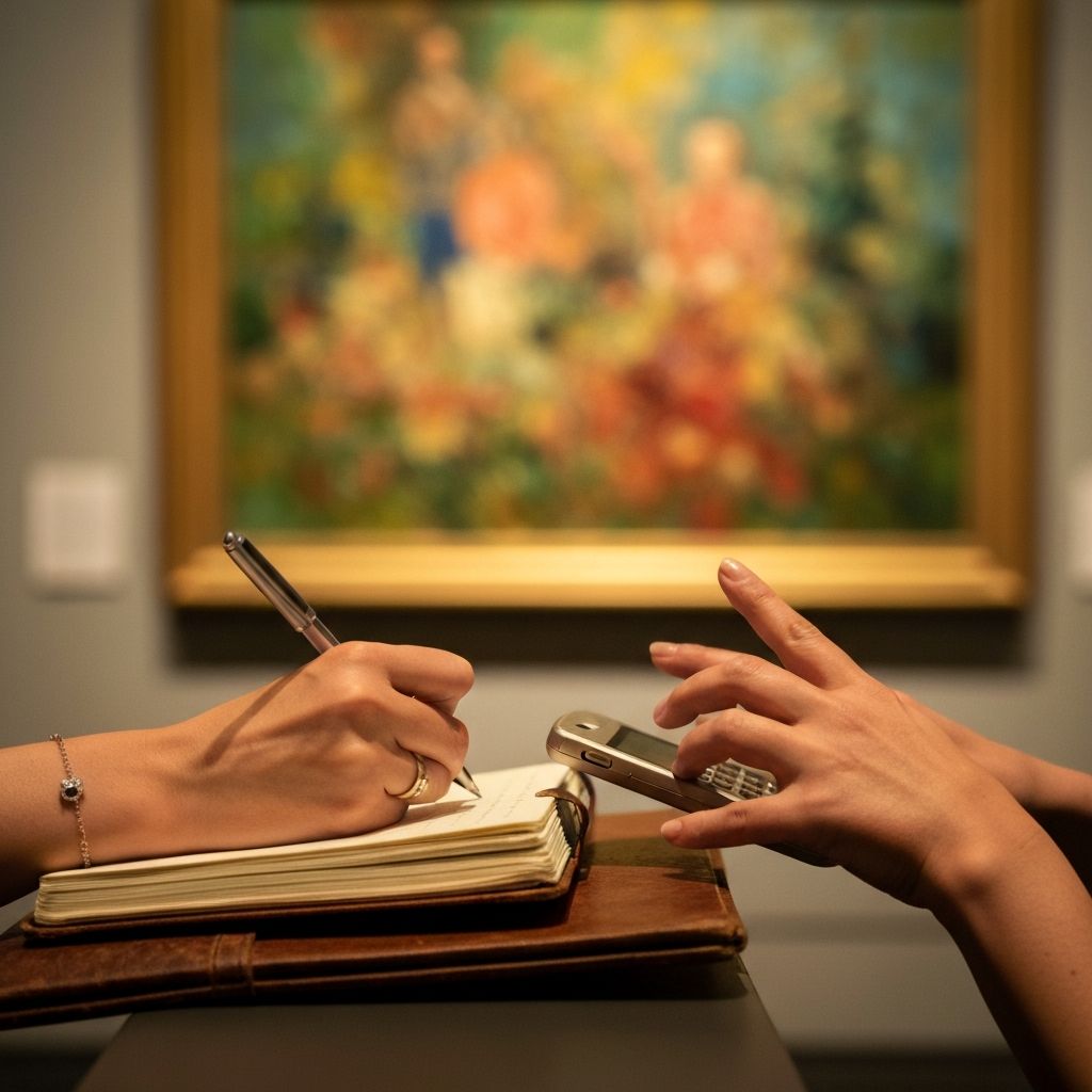 Hands writing reflections in notebook in front of colorful artwork at museum