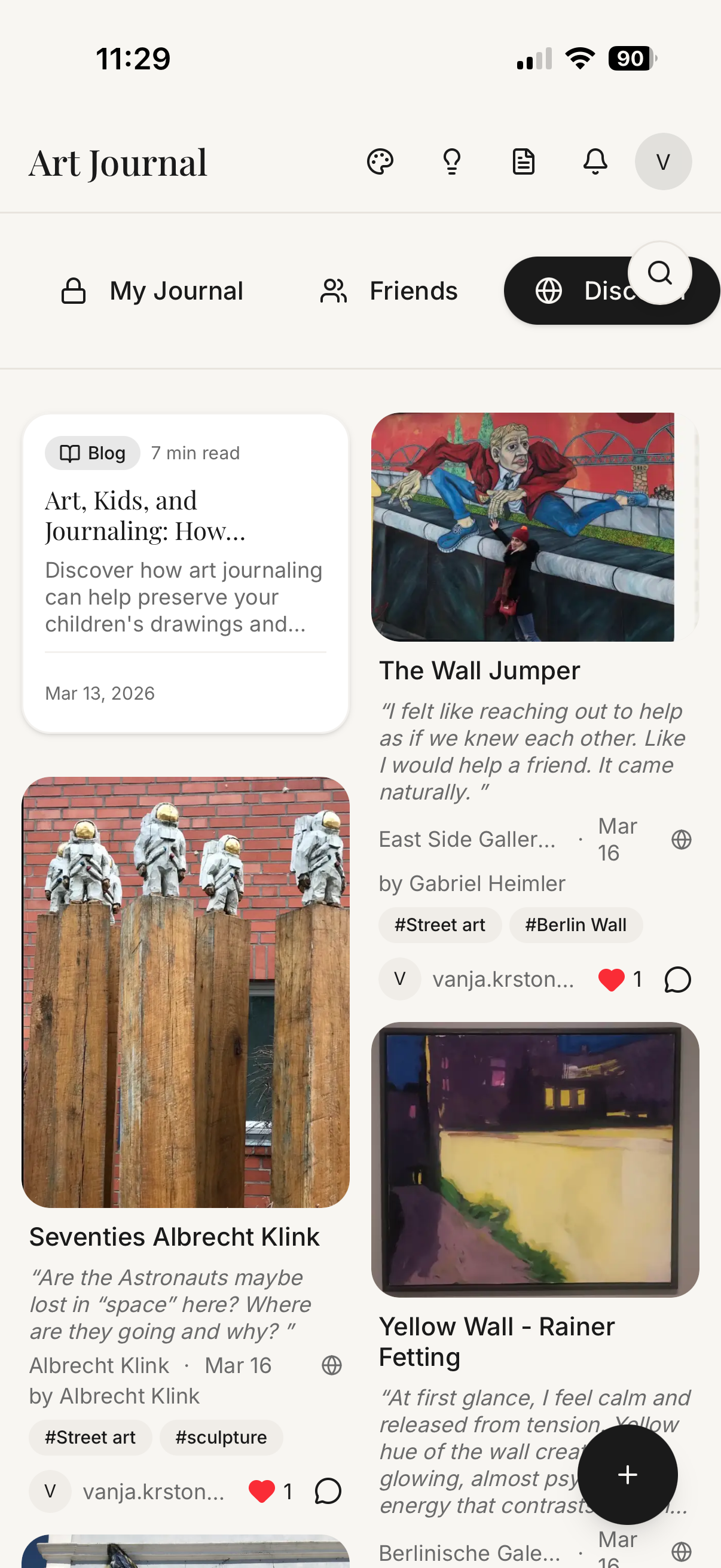 Art Journal app discover feed showing art moments from the community in masonry layout