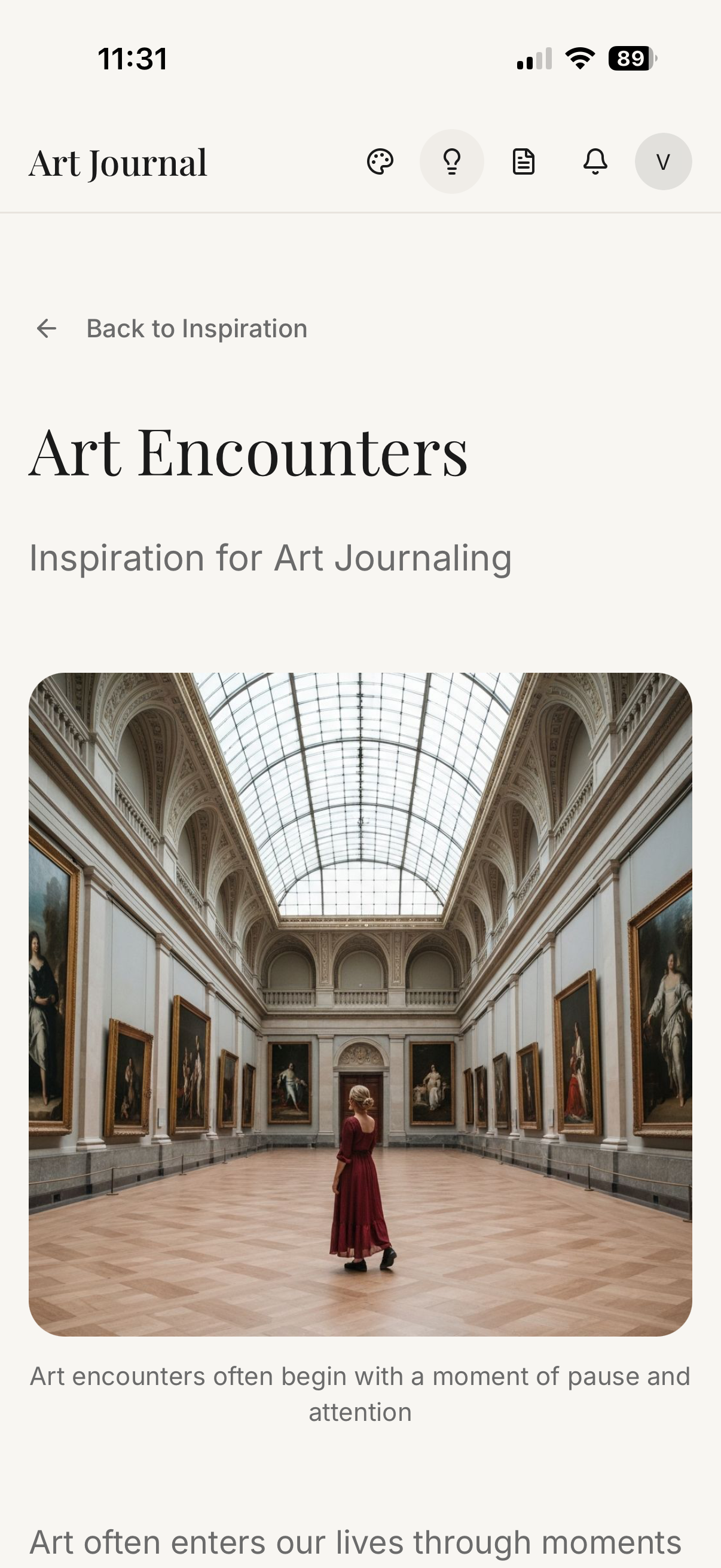Art Journal app art encounters section with museum gallery inspiration