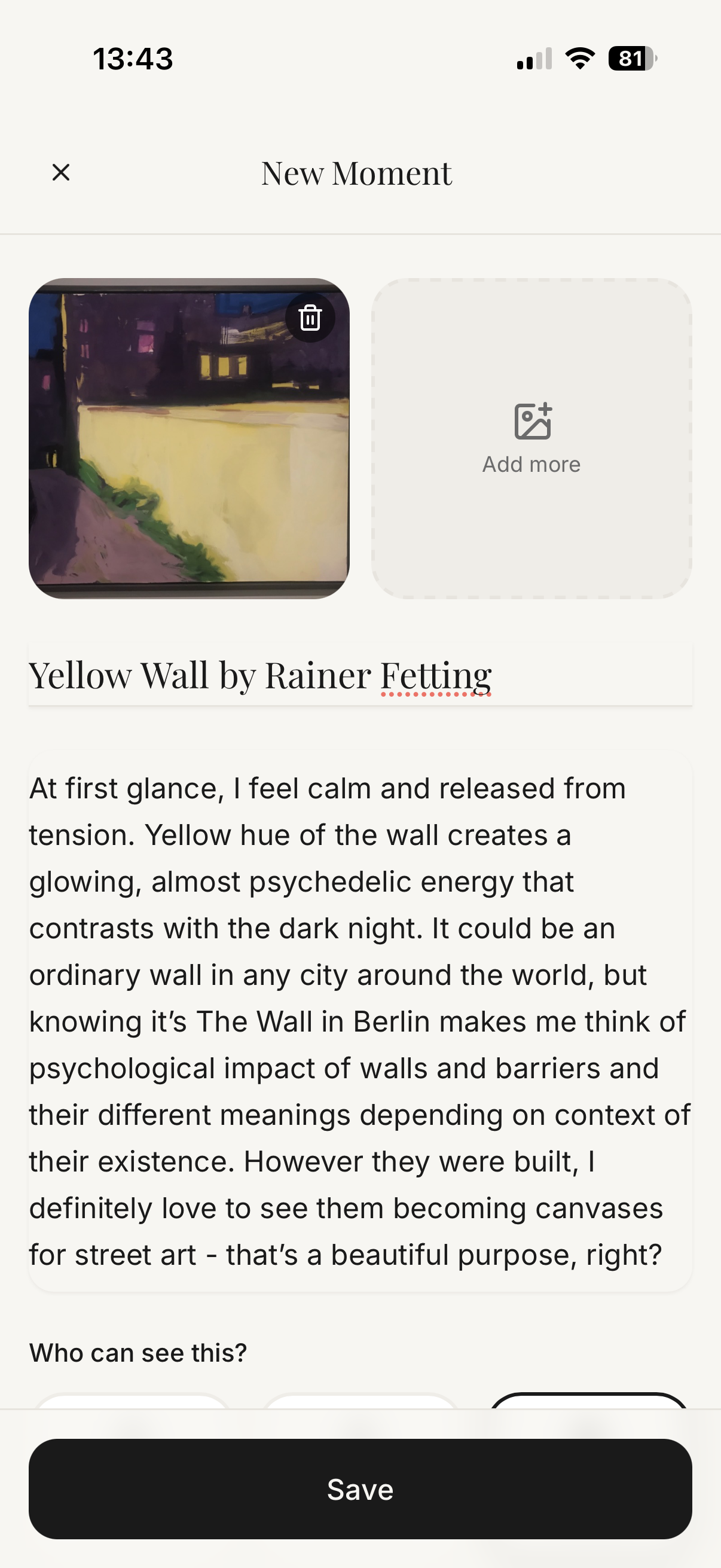 Art Journal app new moment screen for capturing art reflections with photo and text