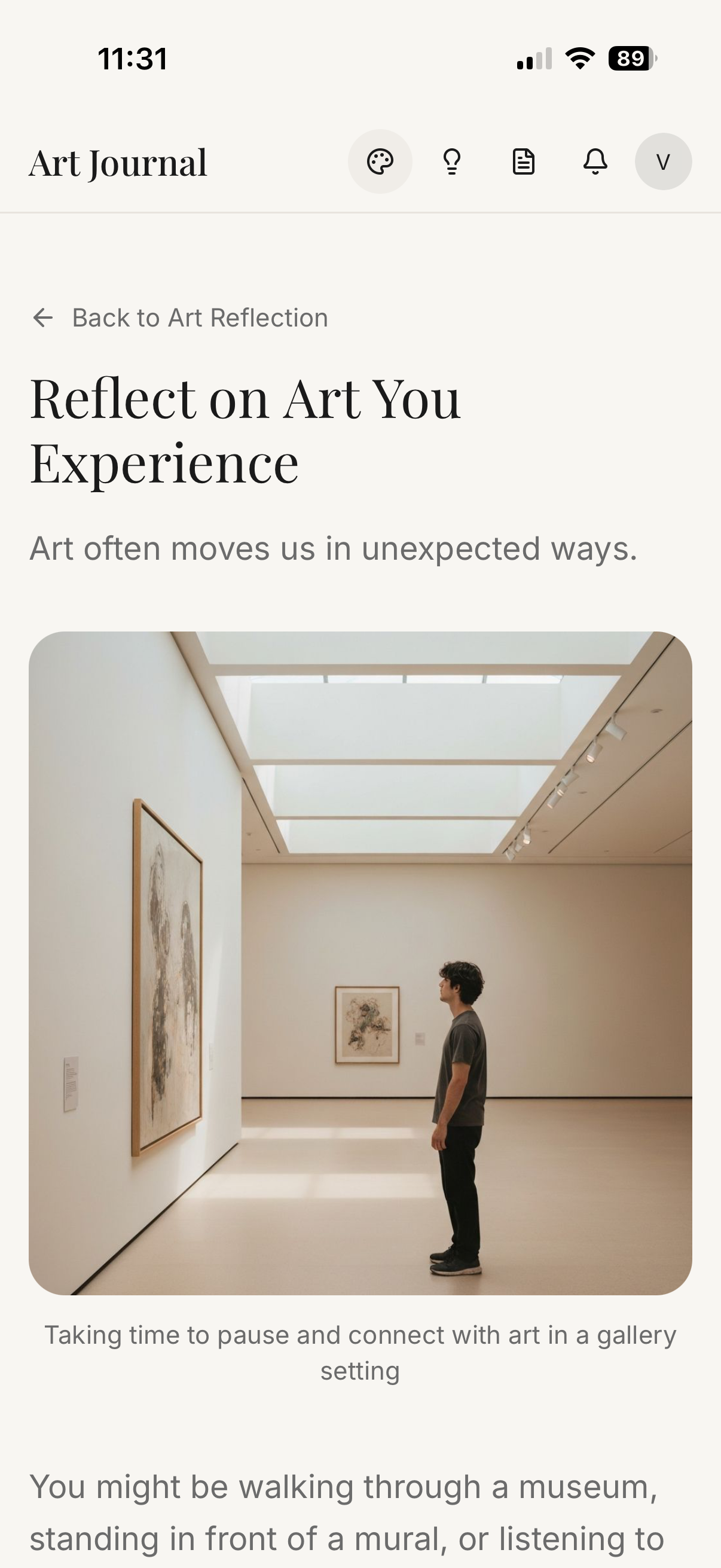 Art Journal app reflect on art you experience page with gallery image