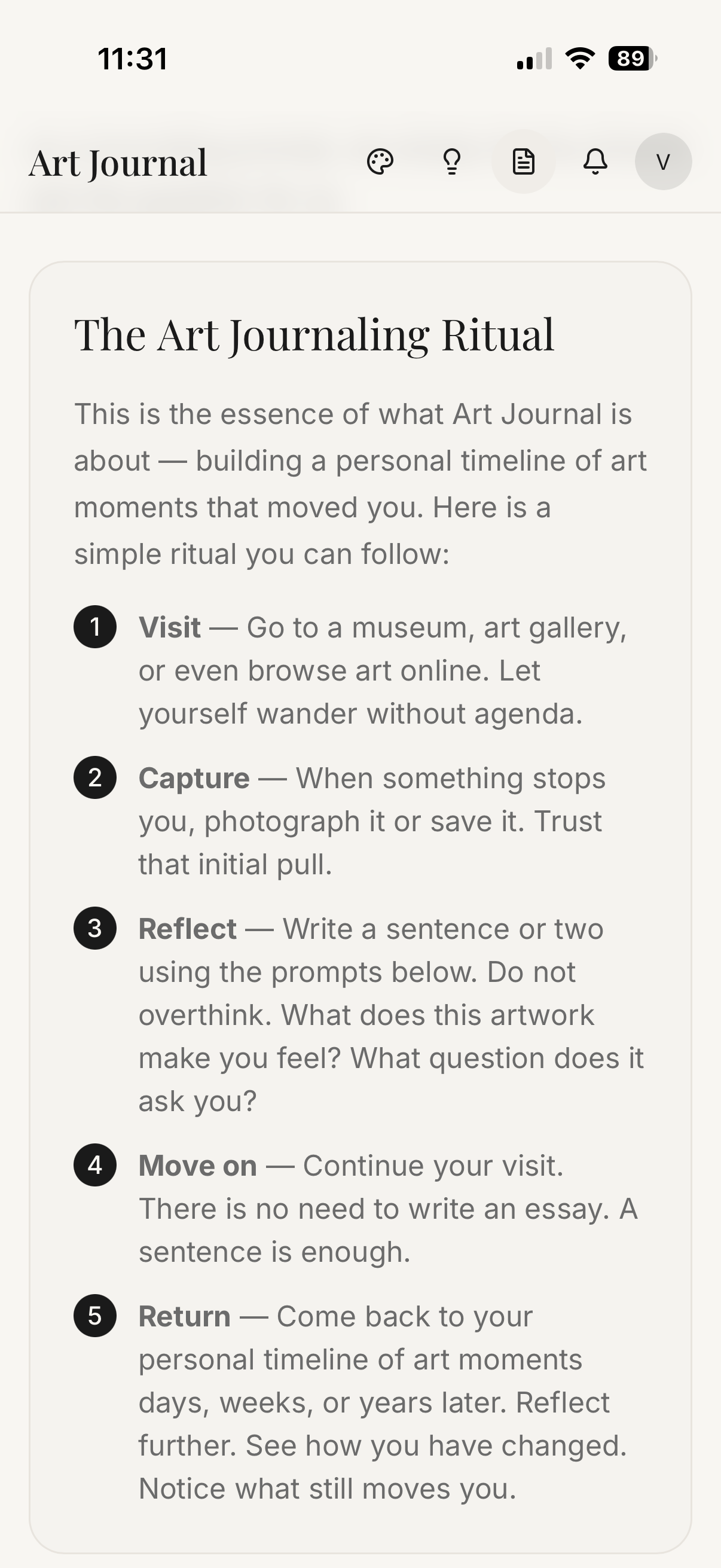 Art Journal app showing the 5-step art journaling ritual guide