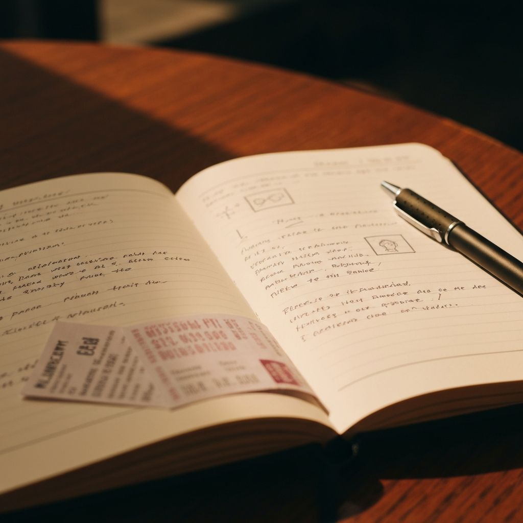 Open art journal with handwritten exhibition notes and sketches - personal art documentation