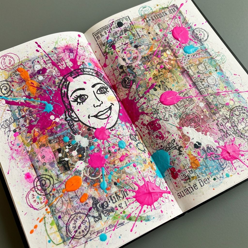 Art journal page with bold colorful expressive layers and mixed media