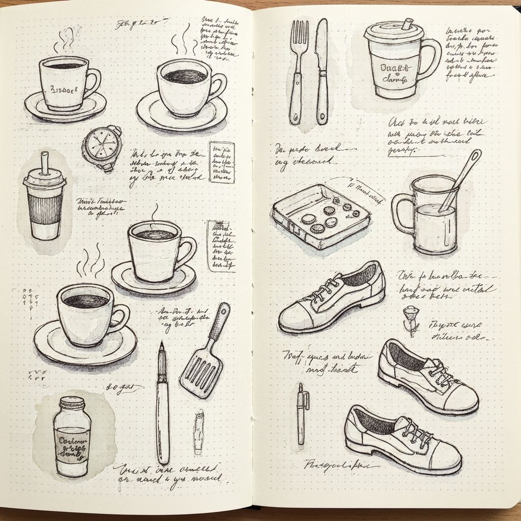Art journal page with everyday life sketches and observational drawings