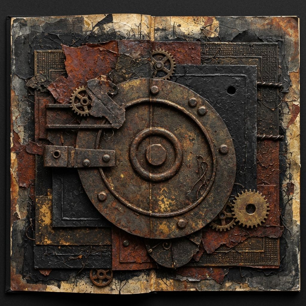 Art journal page with industrial mixed media and grungy textures