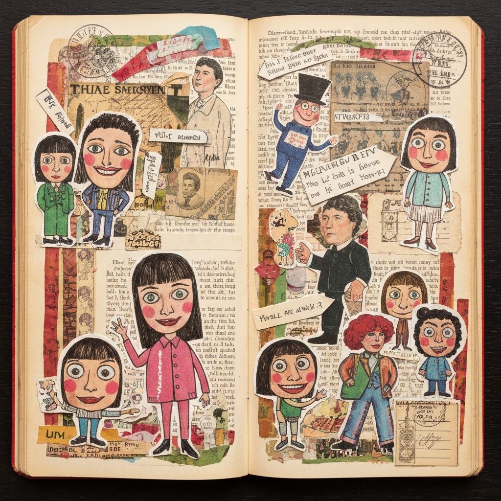 Art journal page with quirky collage characters and handwritten text