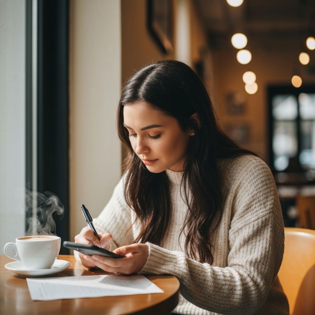 Person writing reflections on smartphone at cafe - capturing art moments through journaling