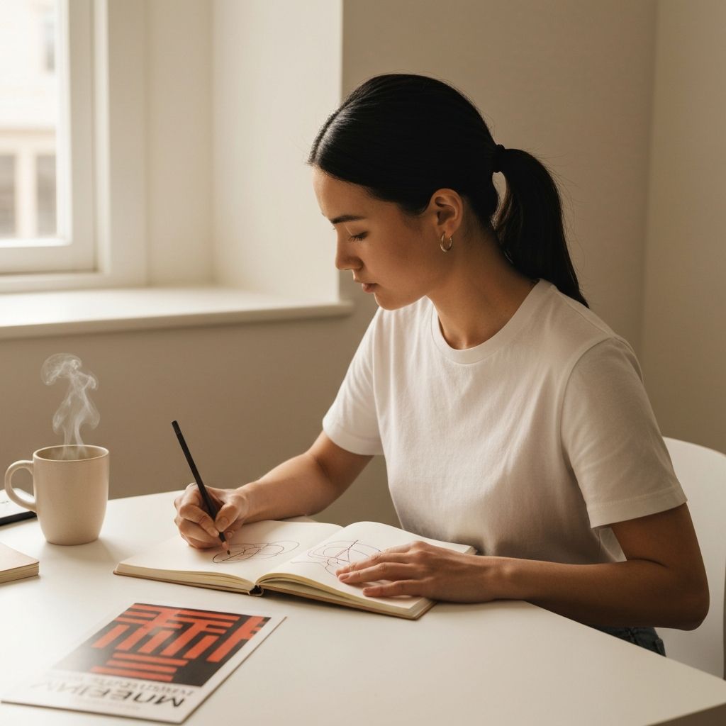Person sitting at a cozy desk with an open art journal, sketching loose lines with colored pencils - art journaling for self-expression and reflection