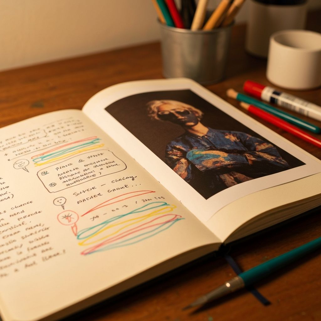 Open journal page with simple amateur doodles, loose colorful lines, and handwritten notes - authentic art journaling practice for beginners