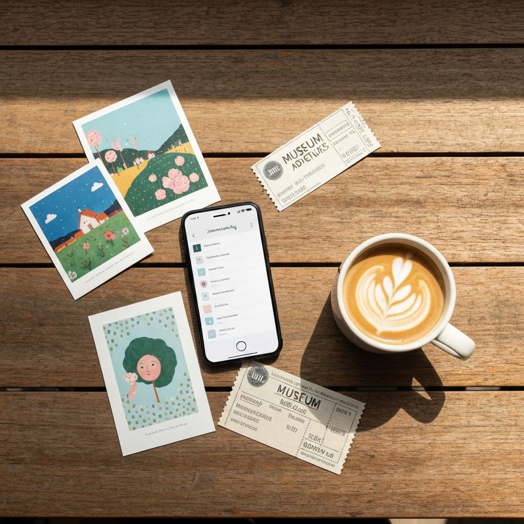 Smartphone with journaling app next to coffee cup and museum tickets on wooden table