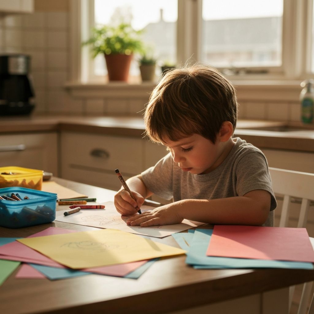 Young child creating colorful artwork with crayons at a table - capturing childhood creativity moments