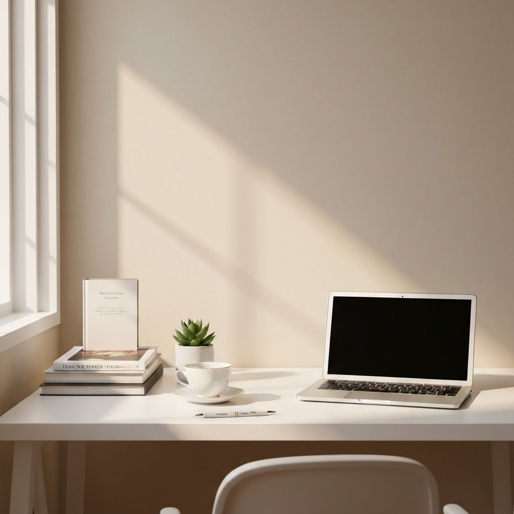 Minimalist desk with art journal, children's drawings, and phone - decluttering while preserving memories