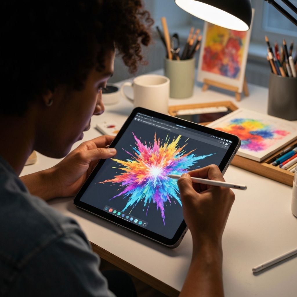 Artist creating digital illustration on iPad with Apple Pencil - digital art creation process