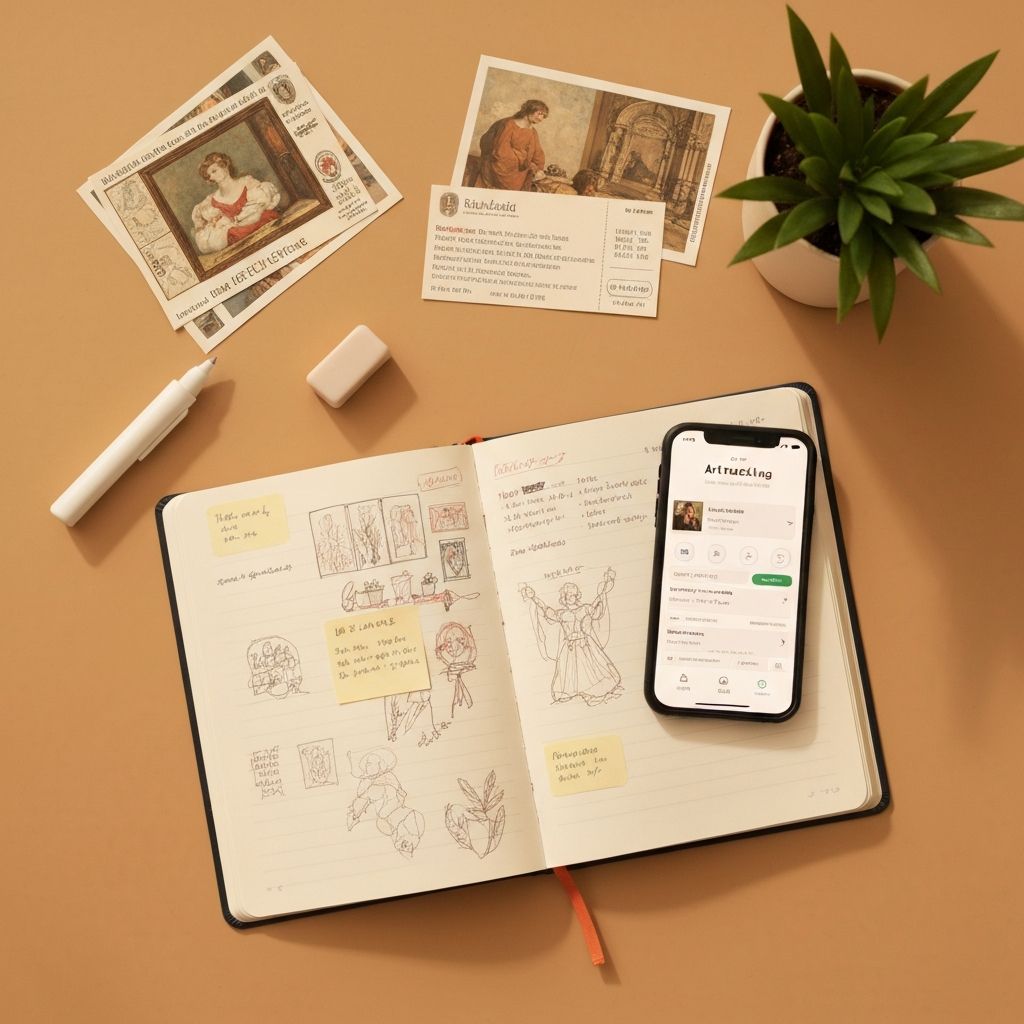 Tracking art experiences like Goodreads tracks books - an art journal with museum postcards and a smartphone