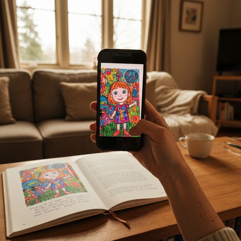 Parent photographing child's colorful drawing to preserve in art journal - organizing kids artwork