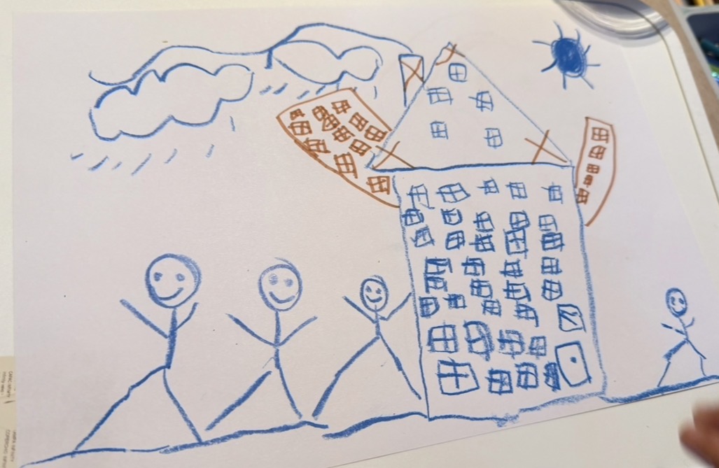 Child drawing of cityscape with multiple buildings stick figure family sun and clouds showing schematic stage with perspective and environmental awareness