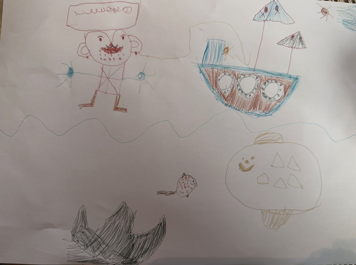 Complex narrative drawing with pirate character boat on water fish swimming underwater and pumpkin showing storytelling and imagination in older child art