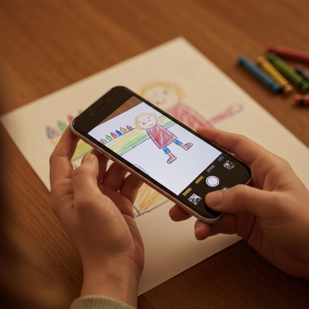 Parent using smartphone to photograph child's drawing - digitally preserving kids artwork