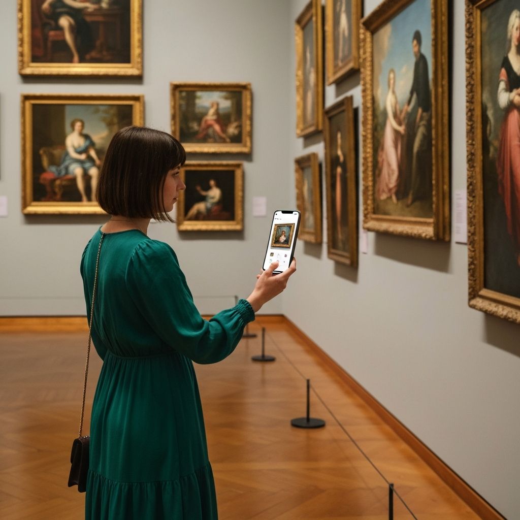 Person using smartphone app to scan artwork in museum gallery - discovering art with technology