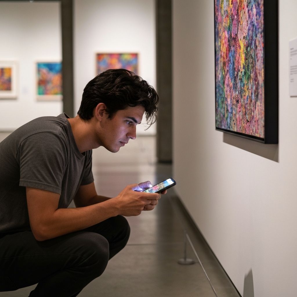 Person using smartphone to capture notes in a contemporary art gallery - digital art journaling