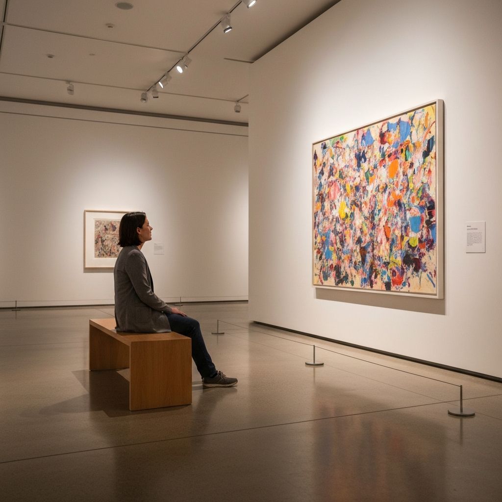 Person sitting peacefully on a bench in an art gallery, taking time to absorb a painting without rushing
