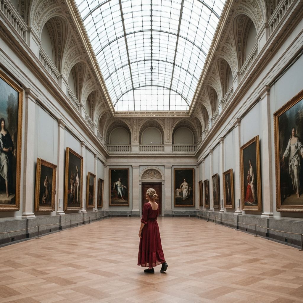 Person standing in museum gallery contemplating artwork - art encounter moment