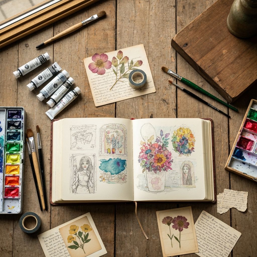 Open art journal with colorful pages surrounded by creative supplies - starting point for art journaling inspiration