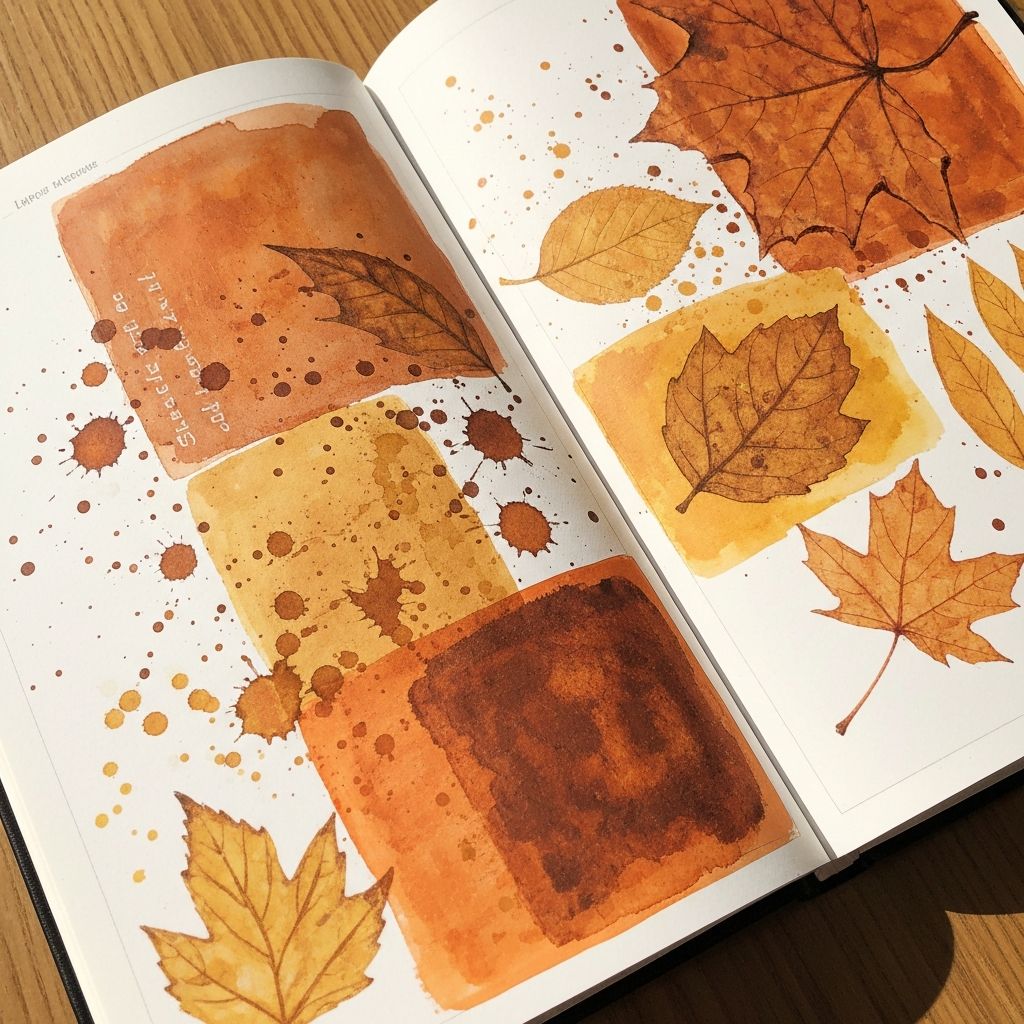 Autumn inspired art journal with burnt orange rust and golden yellow