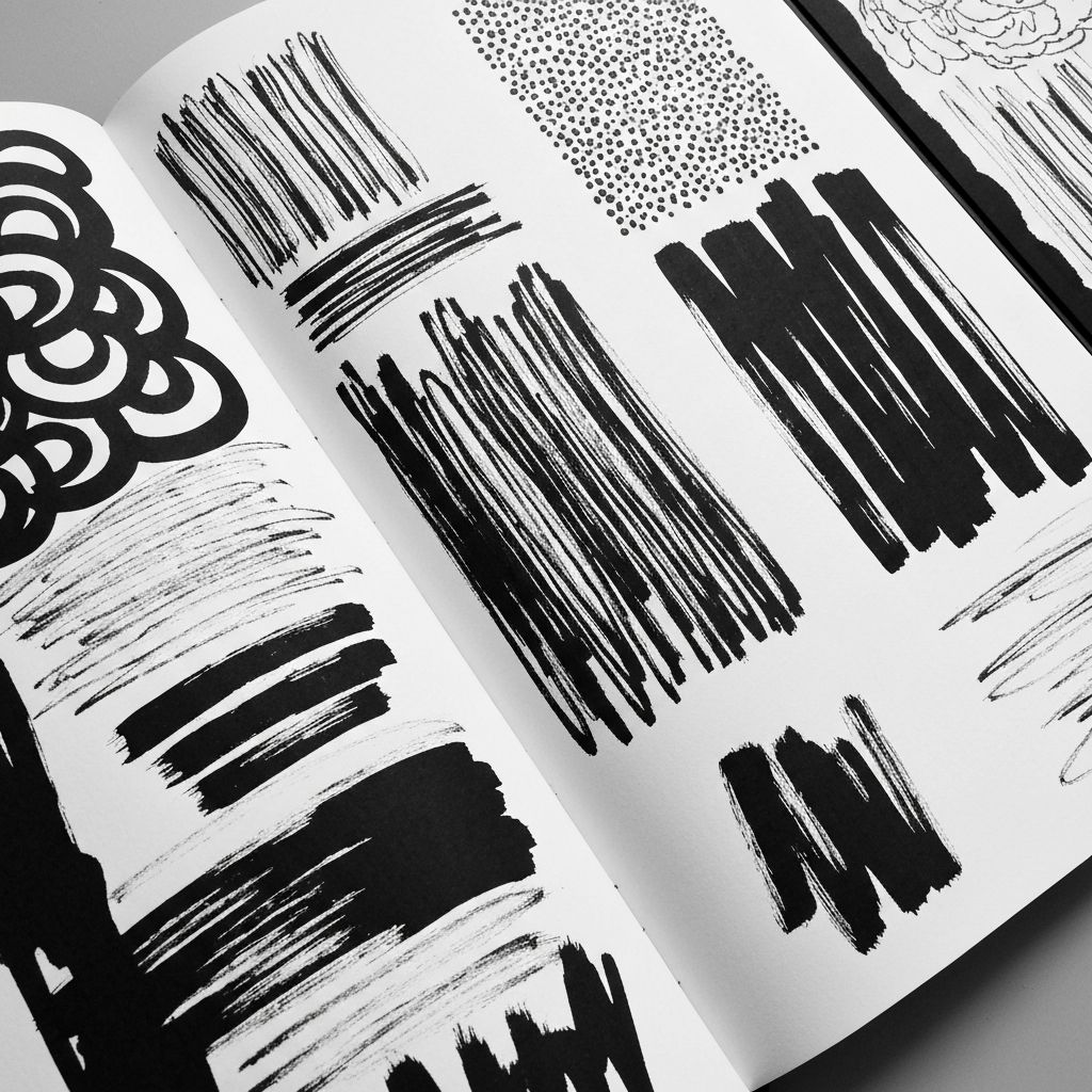 Black and white ink art journal with bold graphic patterns
