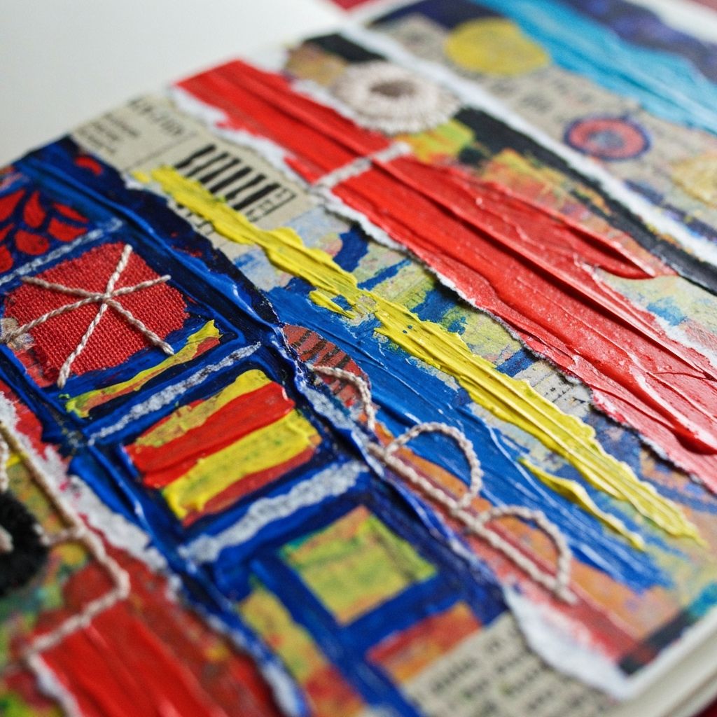 Colorful abstract art journal spread with bold paint strokes and expressive marks