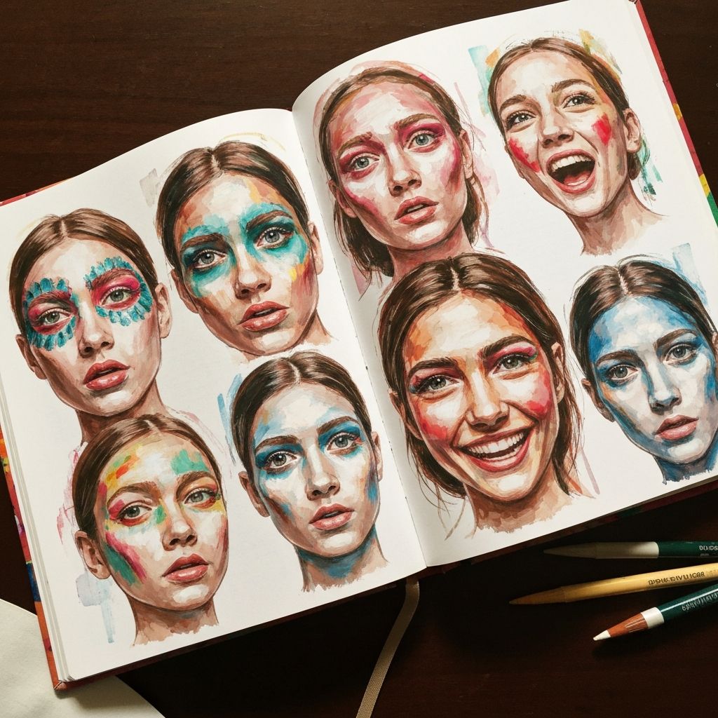 Expressive painted faces in art journal showing emotional expression