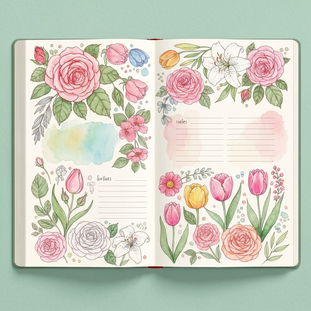 Floral garden art journal with hand-painted flowers and soft pastels