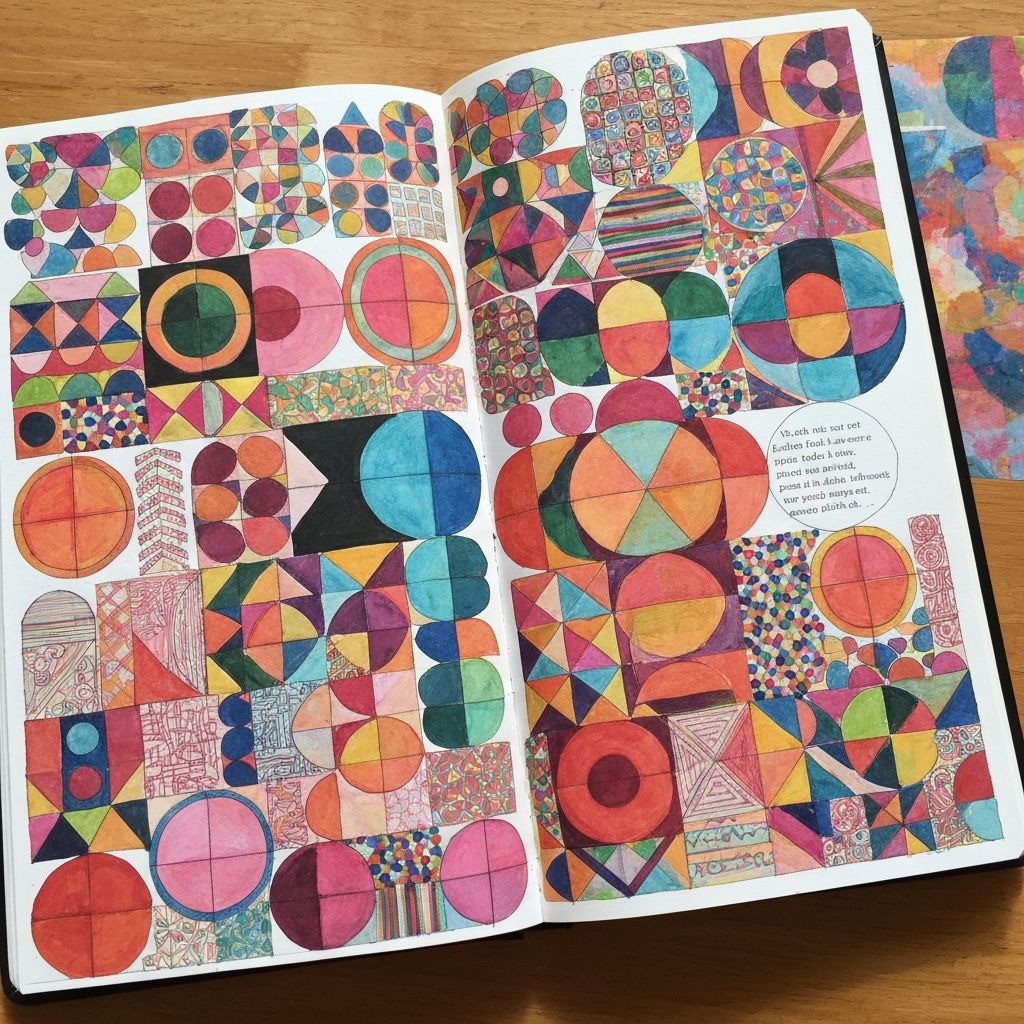 Geometric pattern art journal with circles triangles and repetitive shapes