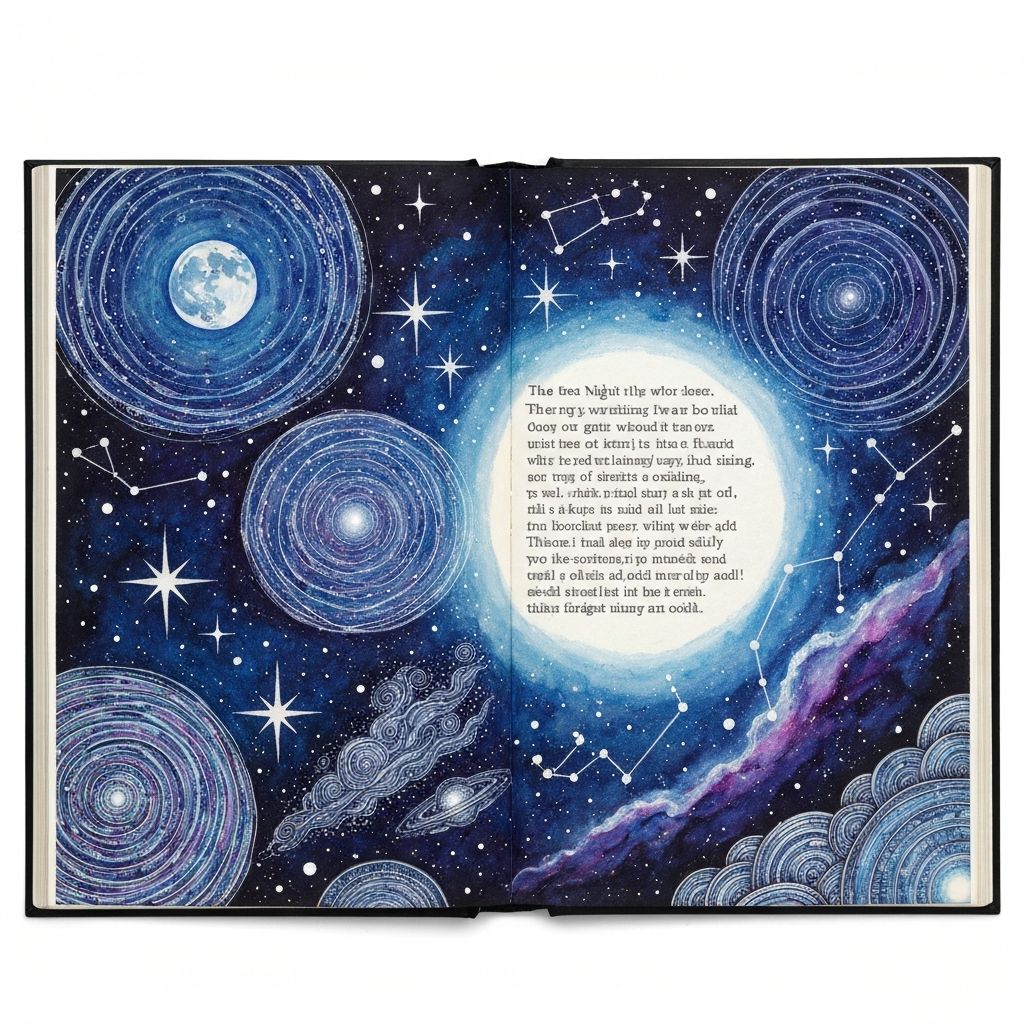 Night sky art journal with stars moon and cosmic deep blue colors
