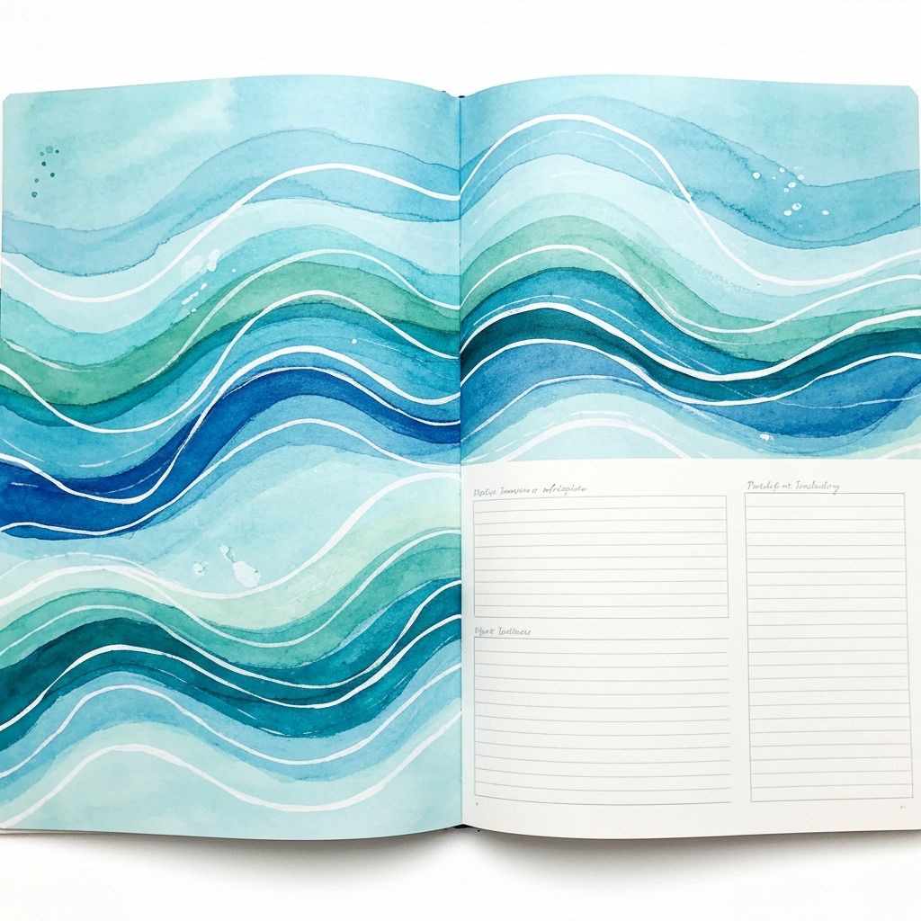 Cool ocean blue art journal with calming watercolor washes