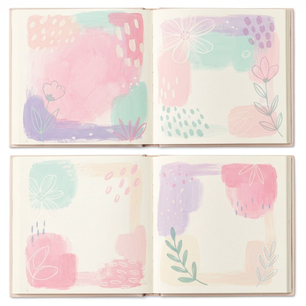 Soft pastel dreamy art journal spread with pink lavender and mint