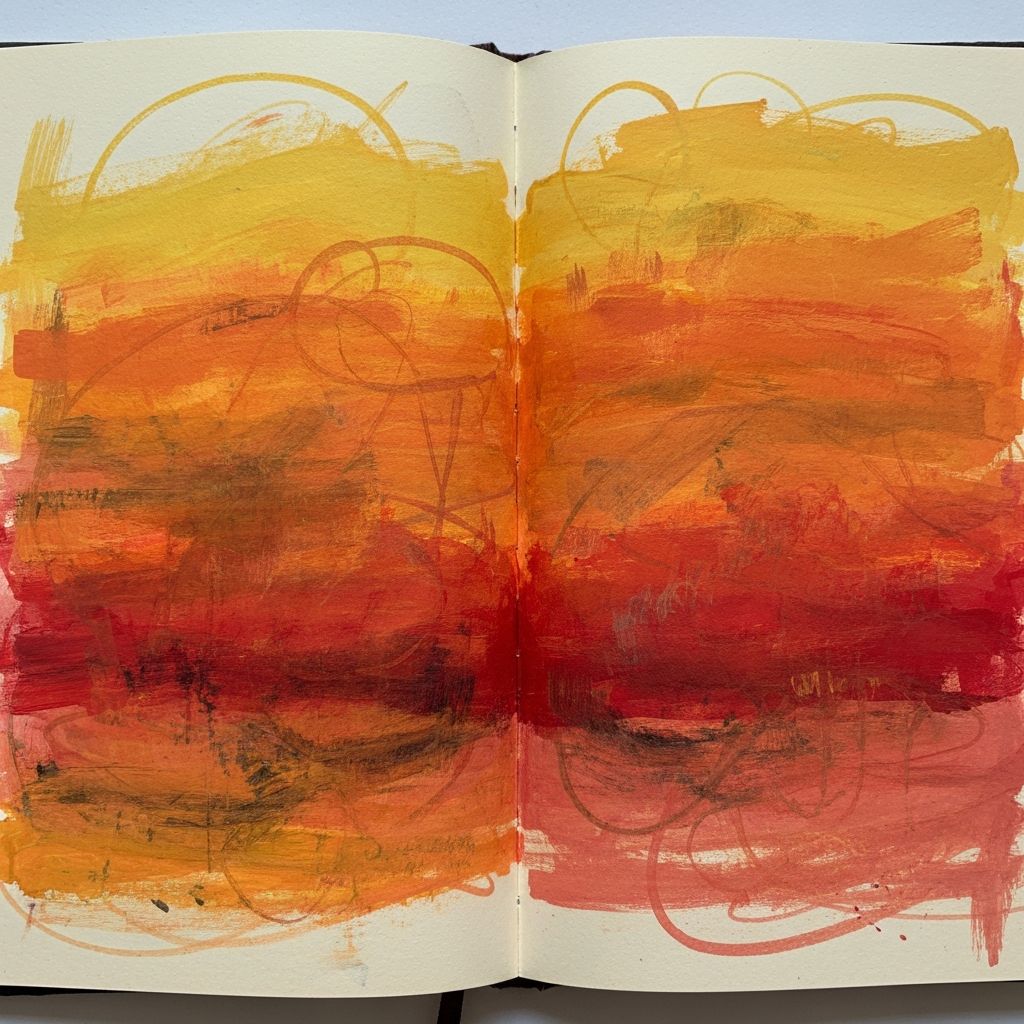 Art journal spread in warm sunset colors with orange and red tones